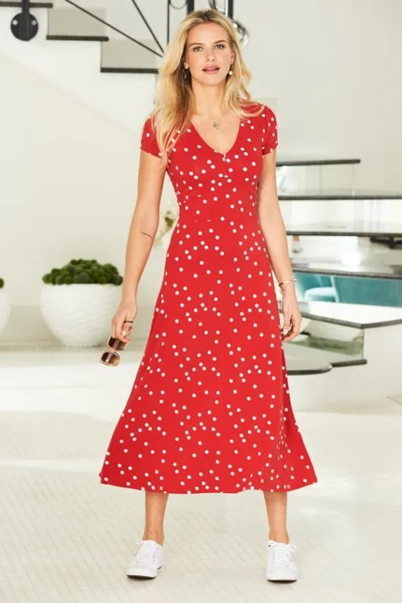 Sosandar Red and White Spot Print Short Sleeve Jersey Midi Dress Red White Women Dresses