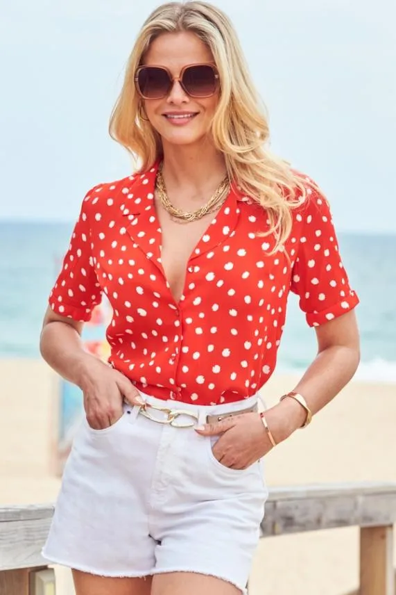 Sosandar Red and White Spot Print Short Sleeve Relaxed Fit Shirt Red White Women Tops Sosandar Red and White Spot Print Short Sleeve Relaxed Fit Shirt Red White Women Tops