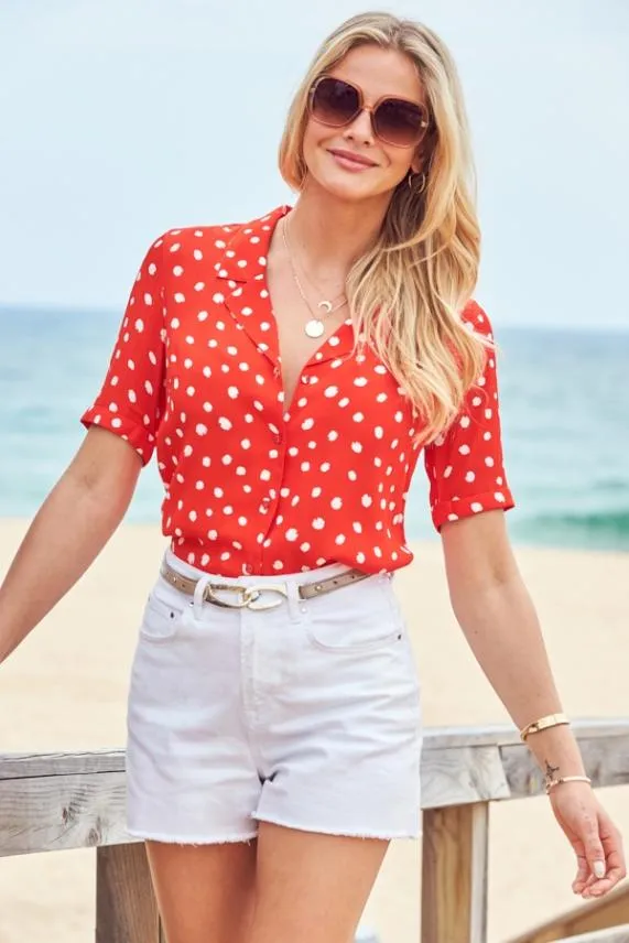 Sosandar Red and White Spot Print Short Sleeve Relaxed Fit Shirt Red White Women Tops