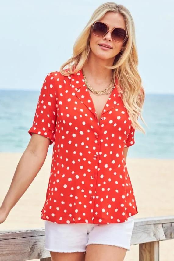 Sosandar Red and White Spot Print Short Sleeve Relaxed Fit Shirt Red White Women Tops