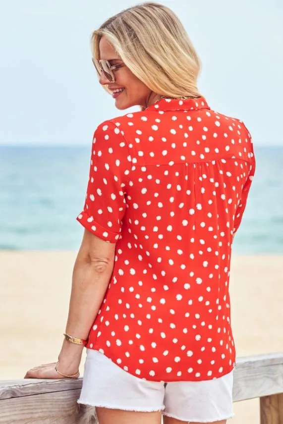 Sosandar Red and White Spot Print Short Sleeve Relaxed Fit Shirt Red White Women Tops