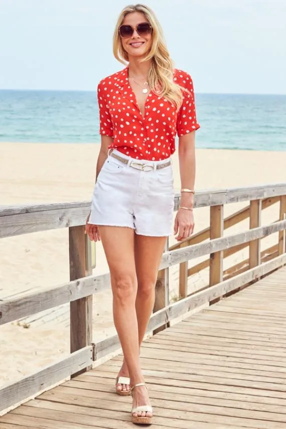 Sosandar Red and White Spot Print Short Sleeve Relaxed Fit Shirt Red White Women Tops