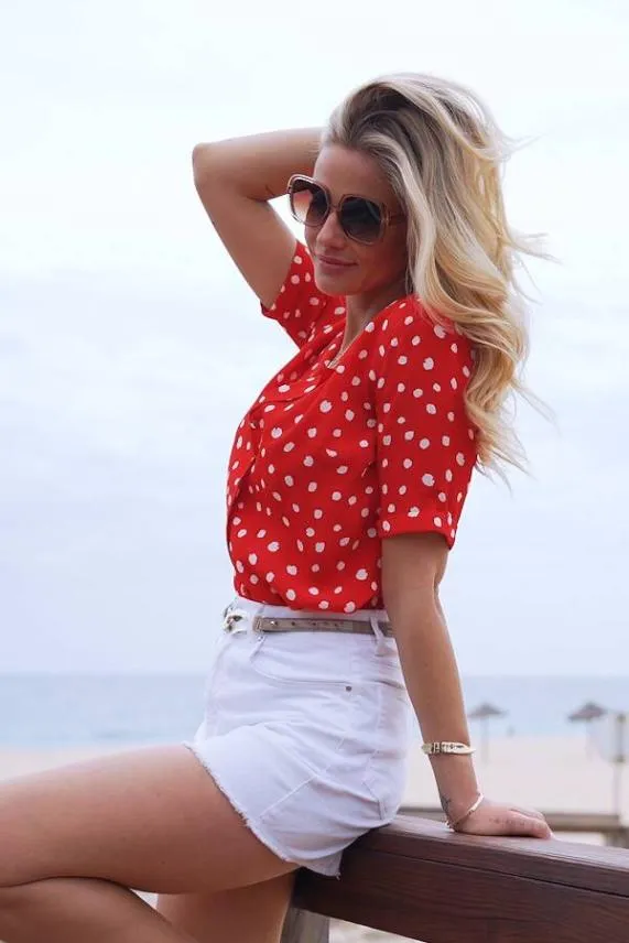 Sosandar Red and White Spot Print Short Sleeve Relaxed Fit Shirt Red White Women Tops