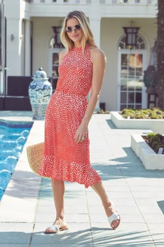 Sosandar Red and White Spot Print Stretch Waist Midi Dress Red White Women Dresses