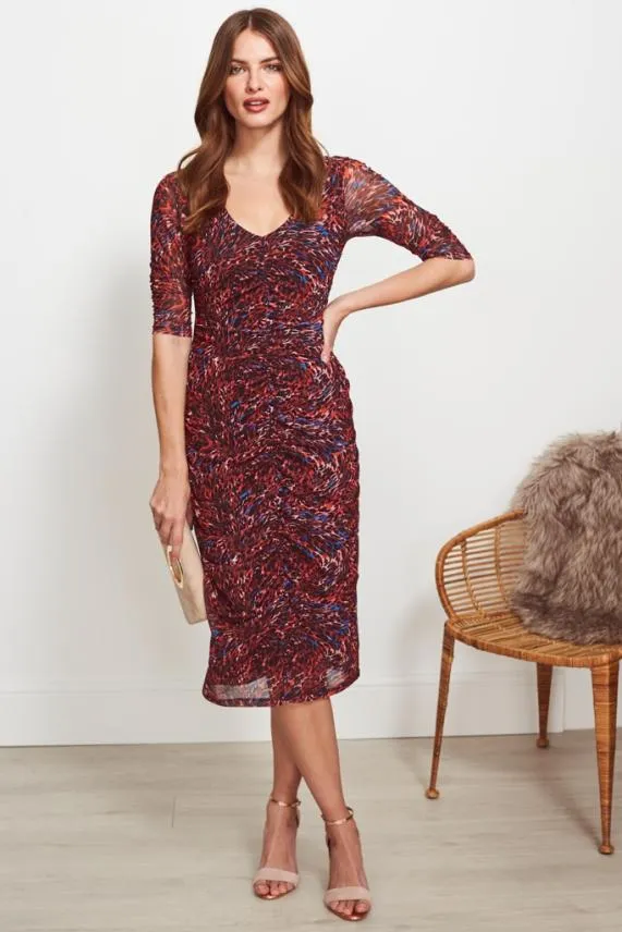 Sosandar Red Animal Print Ruched Front Mesh Dress Red Women Dresses