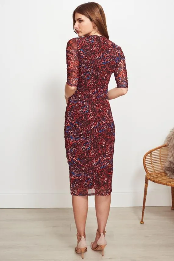 Sosandar Red Animal Print Ruched Front Mesh Dress Red Women Dresses