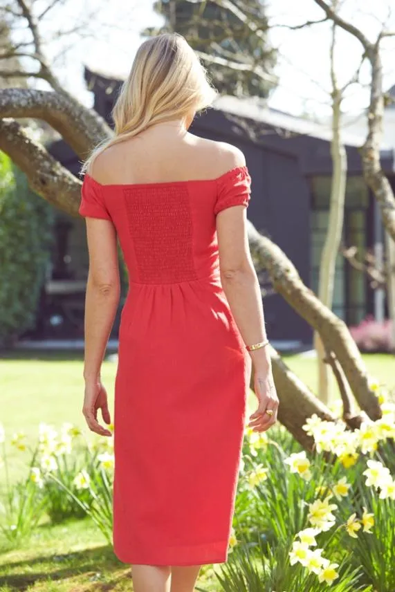 Sosandar Red Button Front Linen Bardot Midi Dress Red Women Dresses