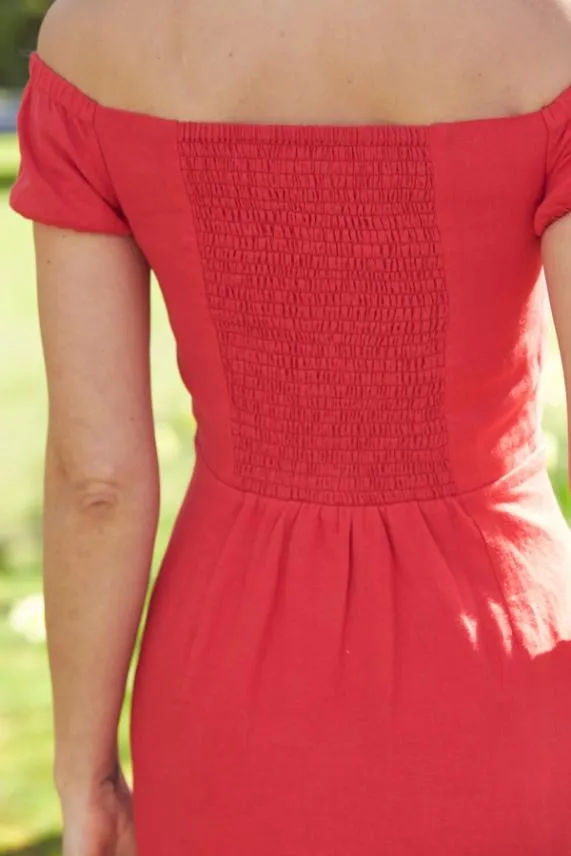 Sosandar Red Button Front Linen Bardot Midi Dress Red Women Dresses
