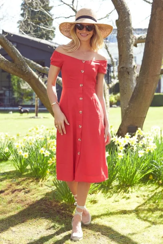 Sosandar Red Button Front Linen Bardot Midi Dress Red Women Dresses