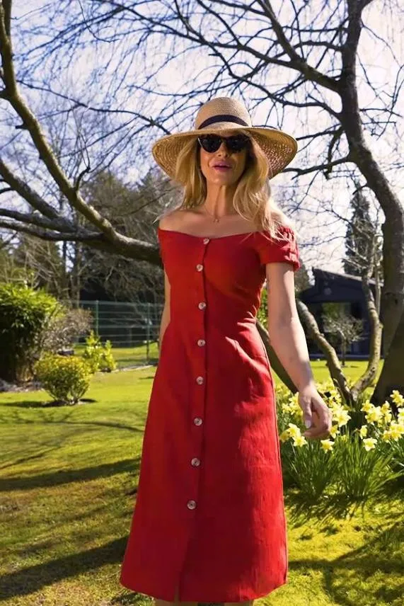 Sosandar Red Button Front Linen Bardot Midi Dress Red Women Dresses