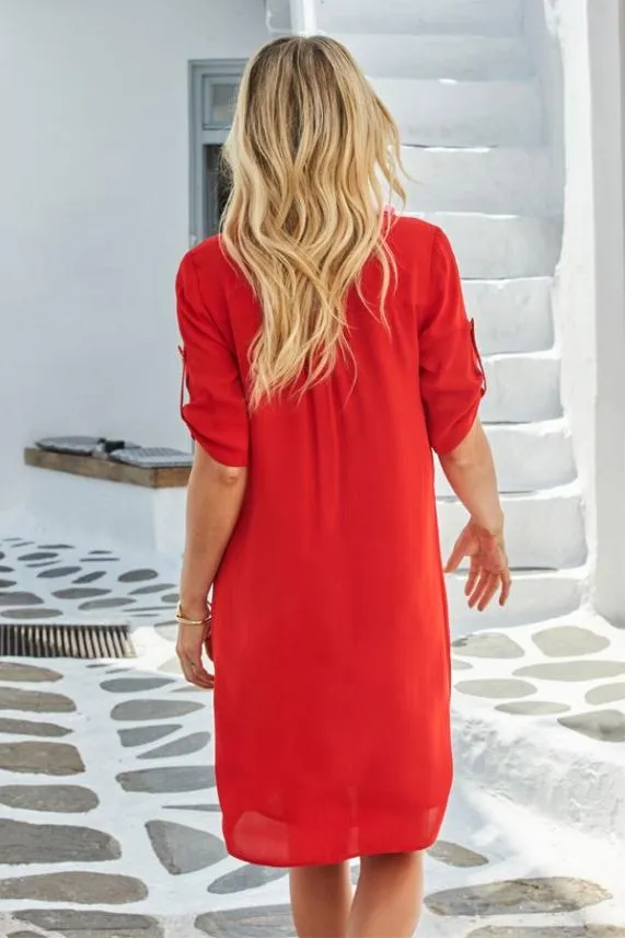 Sosandar Red Button Front Zip Detail Shift Dress Red Women Dresses