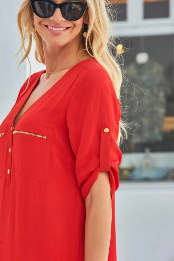 Sosandar Red Button Front Zip Detail Shift Dress Red Women Dresses