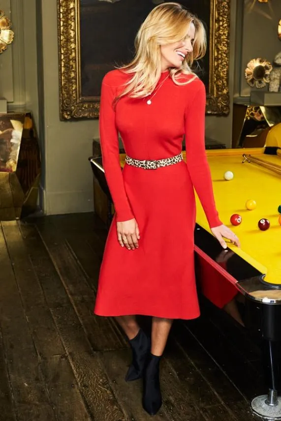 Sosandar Red Fit and Flare Knitted Midi Dress Red Women Knitwear