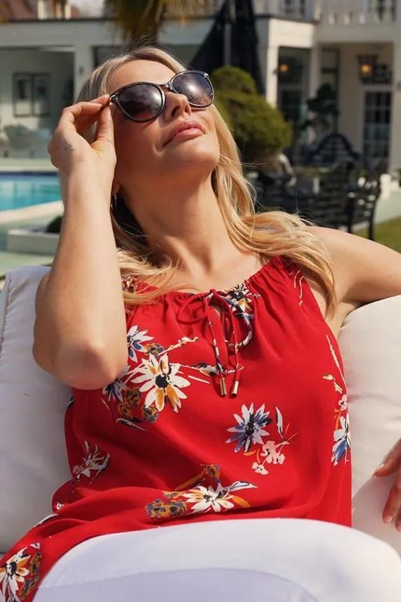 Sosandar Red Floral Print Tie Detail Halter Neck Top Red Women Tops