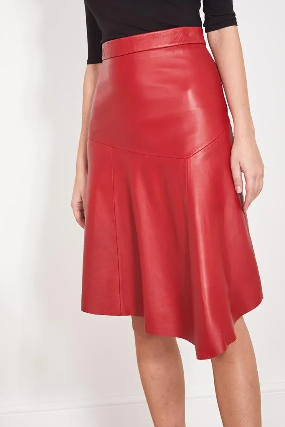 Sosandar Red Leather Asymmetric A Line Skirt Red Women Skirts