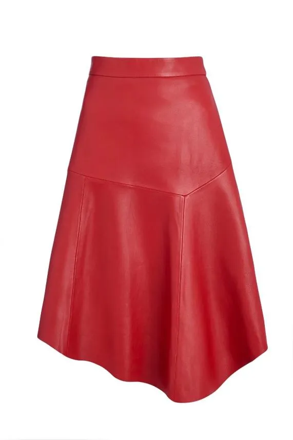 Sosandar Red Leather Asymmetric A Line Skirt Red Women Skirts