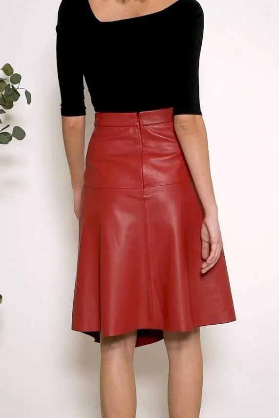 Sosandar Red Leather Asymmetric A Line Skirt Red Women Skirts