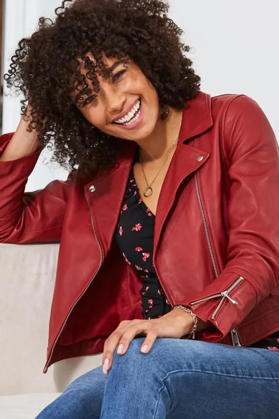 Sosandar Red Leather Biker Jacket Red Women Jackets and Coats