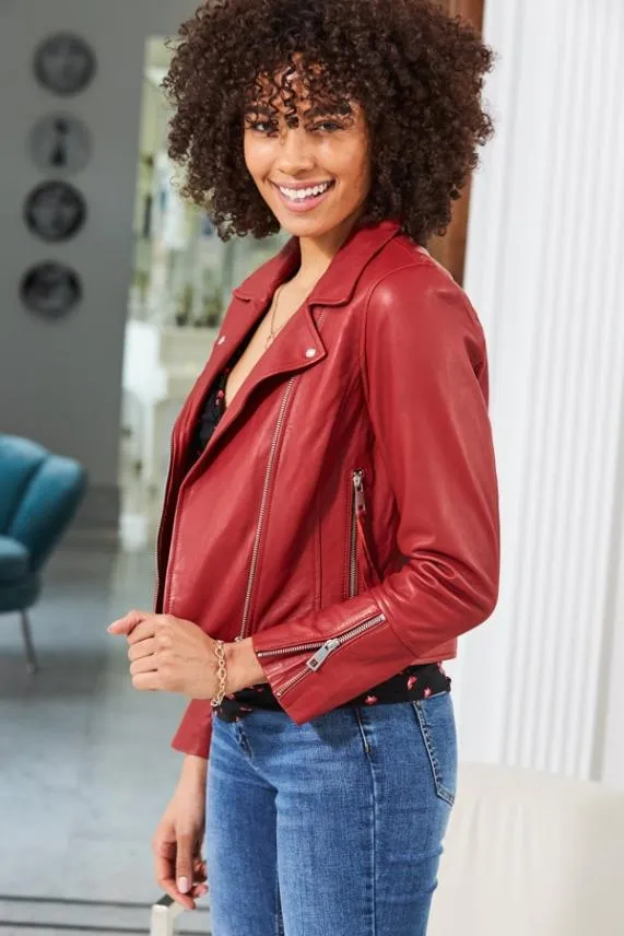 Sosandar Red Leather Biker Jacket Red Women Jackets and Coats