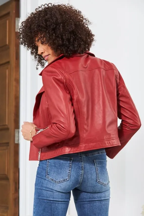 Sosandar Red Leather Biker Jacket Red Women Jackets and Coats