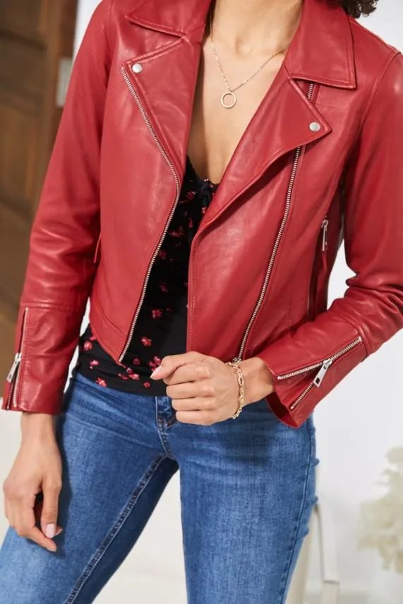 Sosandar Red Leather Biker Jacket Red Women Jackets and Coats