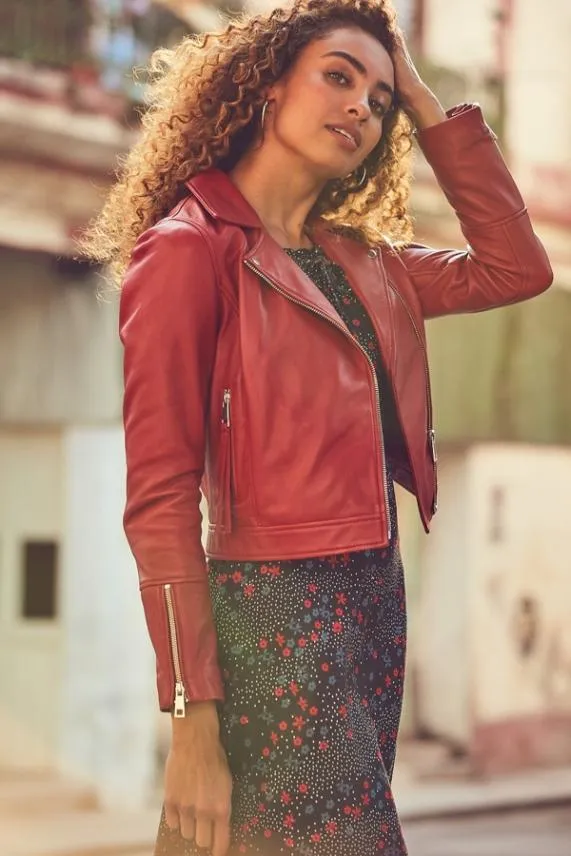 Sosandar Red Leather Biker Jacket Red Women Jackets and Coats