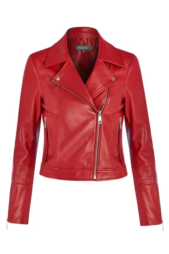 Sosandar Red Leather Biker Jacket Red Women Jackets and Coats