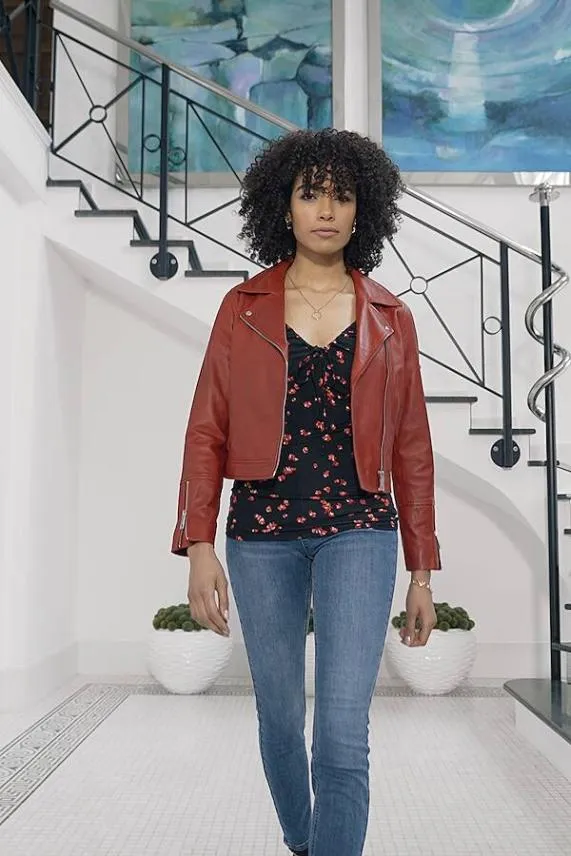 Sosandar Red Leather Biker Jacket Red Women Jackets and Coats