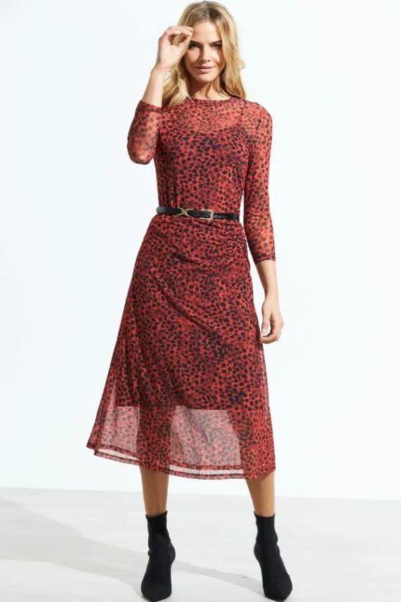 Sosandar Red Leopard Print Mesh Dress Red Women Dresses