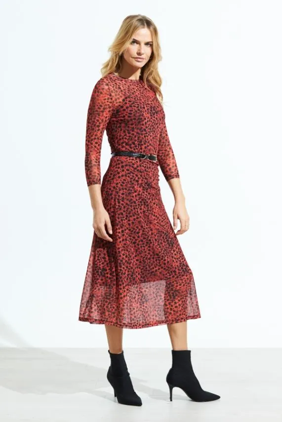 Sosandar Red Leopard Print Mesh Dress Red Women Dresses