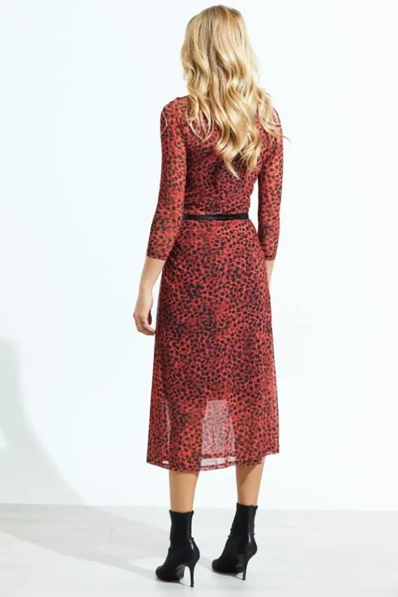 Sosandar Red Leopard Print Mesh Dress Red Women Dresses