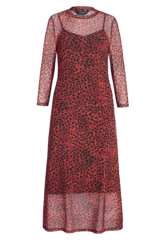 Sosandar Red Leopard Print Mesh Dress Red Women Dresses