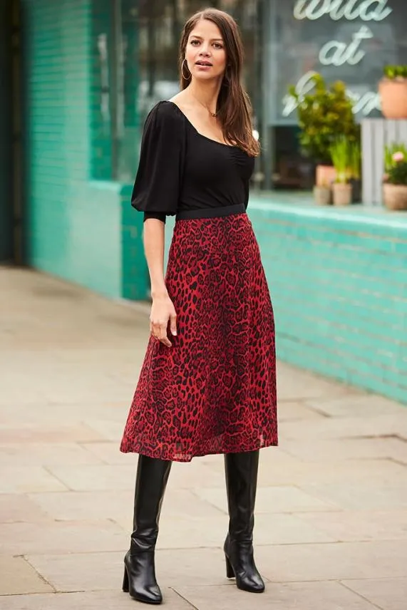 Sosandar Red Leopard Print Midi Skirt Red Women Skirts