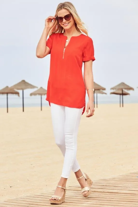 Sosandar Red Zip Front Short Sleeve Tunic Top Red Women Tops