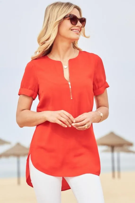 Sosandar Red Zip Front Short Sleeve Tunic Top Red Women Tops