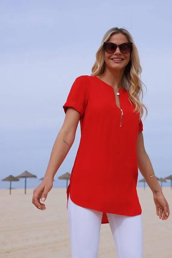 Sosandar Red Zip Front Short Sleeve Tunic Top Red Women Tops