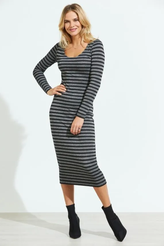Sosandar Silver and Black Metallic Stripe Midi Dress Silver Black Women Dresses Sosandar Silver and Black Metallic Stripe Midi Dress Silver Black Women Dresses