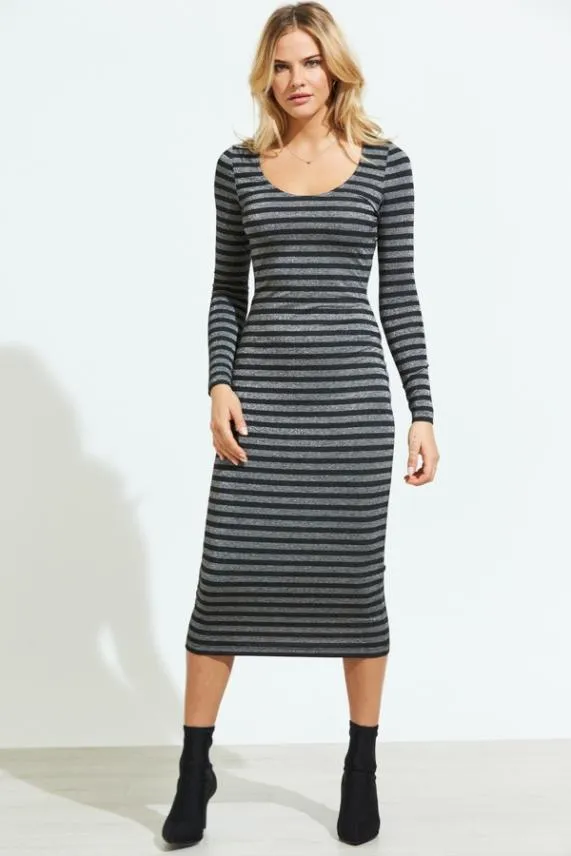 Sosandar Silver and Black Metallic Stripe Midi Dress Silver Black Women Dresses