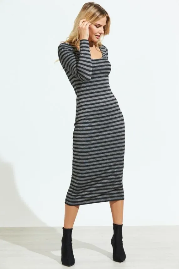 Sosandar Silver and Black Metallic Stripe Midi Dress Silver Black Women Dresses
