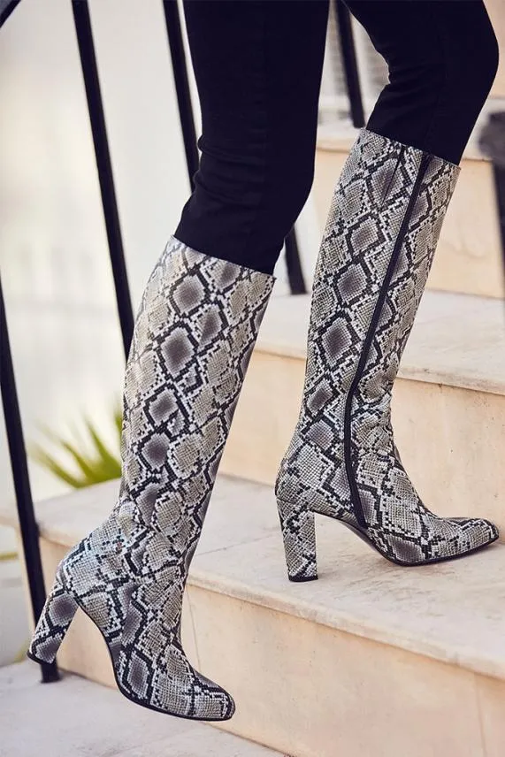 Sosandar Snake Print Leather Knee High Boot Women Boots