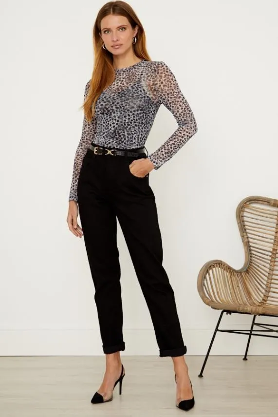 Sosandar Snow Leopard Print Mesh Top Women Tops