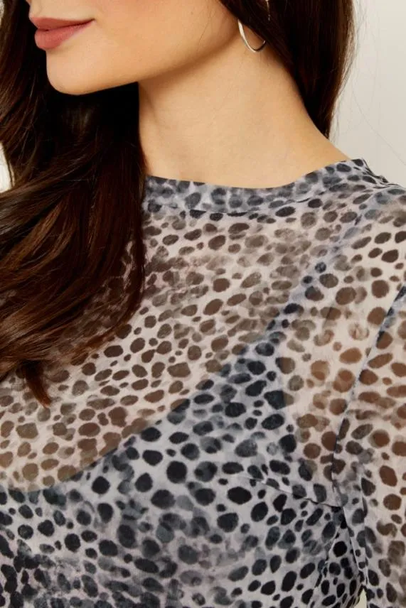 Sosandar Snow Leopard Print Mesh Top Women Tops