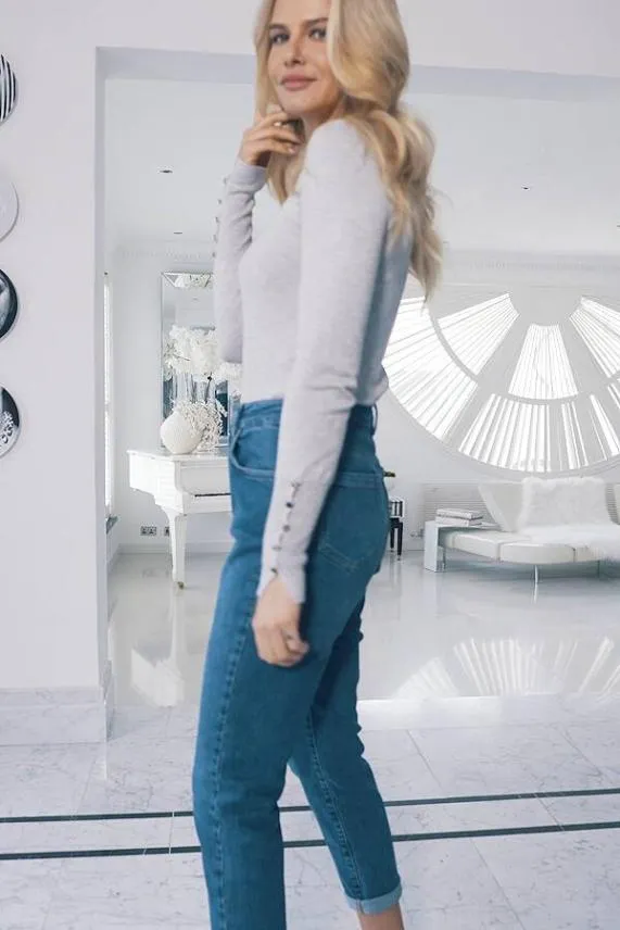 Sosandar Soft Grey Button Cuff Crew Neck Jumper Grey Women Knitwear