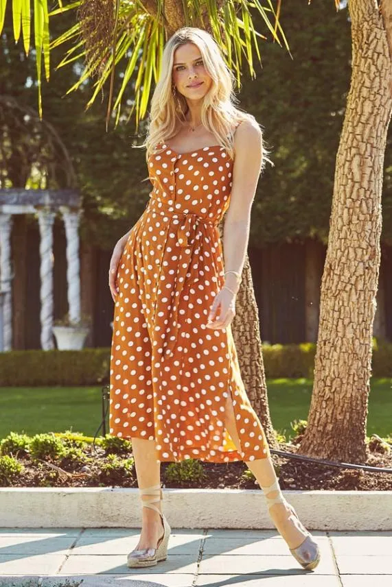 Sosandar Tan and White Polka Dot Button Front Midi Dress Tan White Women Dresses Sosandar Tan and White Polka Dot Button Front Midi Dress Tan White Women Dresses