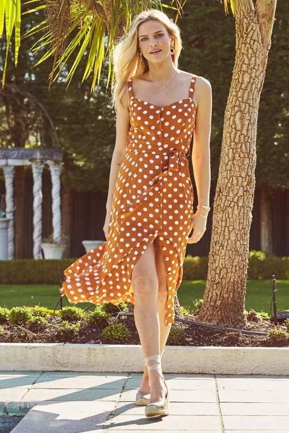 Sosandar Tan and White Polka Dot Button Front Midi Dress Tan White Women Dresses