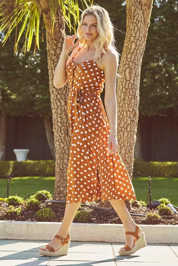 Sosandar Tan and White Polka Dot Button Front Midi Dress Tan White Women Dresses