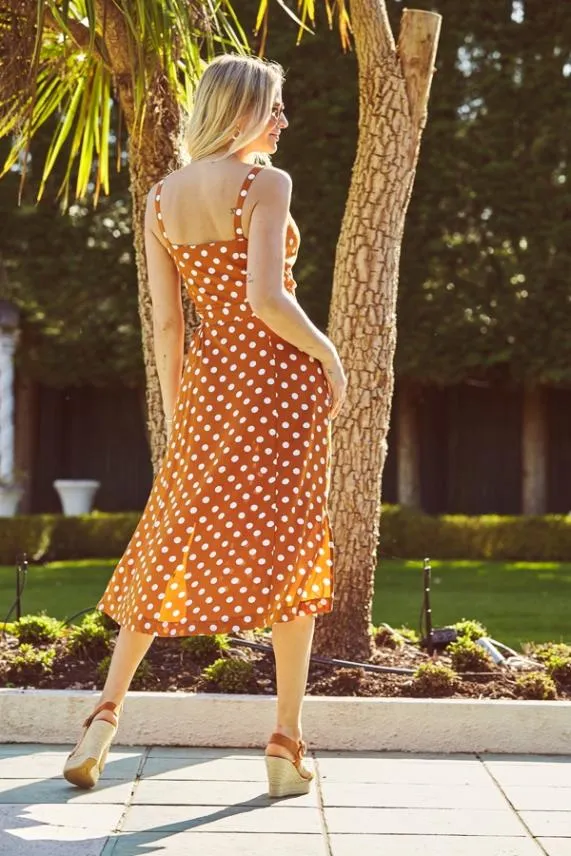 Sosandar Tan and White Polka Dot Button Front Midi Dress Tan White Women Dresses