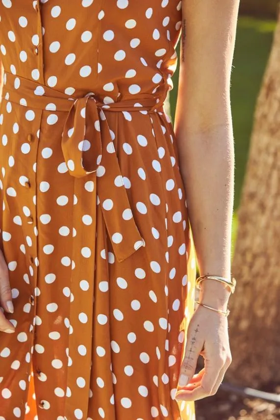 Sosandar Tan and White Polka Dot Button Front Midi Dress Tan White Women Dresses