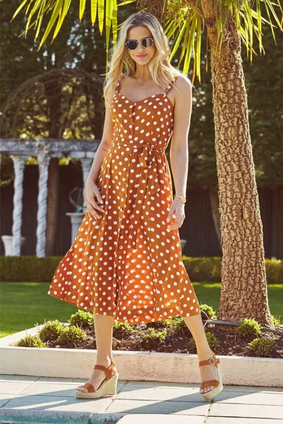 Sosandar Tan and White Polka Dot Button Front Midi Dress Tan White Women Dresses