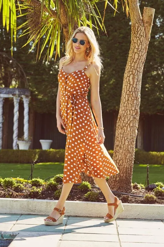 Sosandar Tan and White Polka Dot Button Front Midi Dress Tan White Women Dresses